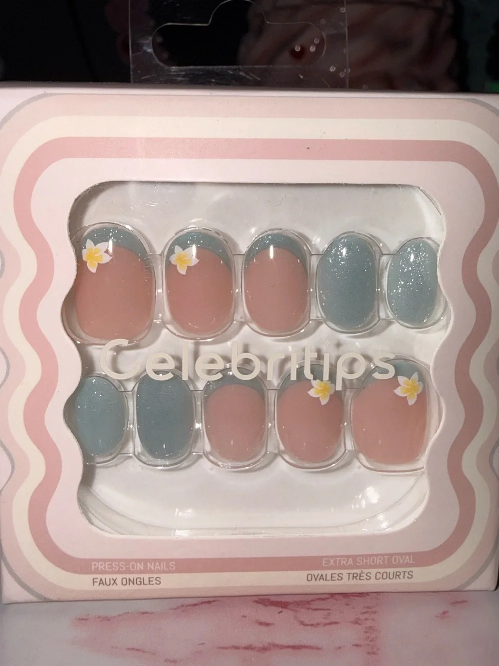 Celebritips “Maui” Press-On Nails in Nude & Dusty Blue with Floral Accent